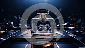 Minimalistic image of a blue perfume bottle in the center with studio lighting. Luxurious background. Generative AI