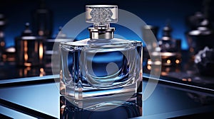 Minimalistic image of a blue perfume bottle in the center with studio lighting. Luxurious background. Generative AI