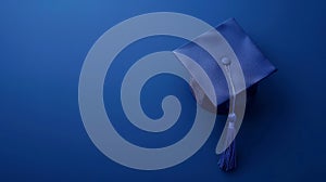 Minimalistic image of a graduation cap placed on smooth deep blue background. Banner with copy space