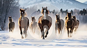 Minimalistic Image of Rodeo Horses Running Through Winter Meadow in Kalispell, Montana AI Generated