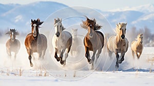 Minimalistic Image of Rodeo Horses Running Through Winter Meadow in Kalispell, Montana AI Generated photo