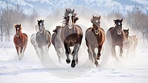 Minimalistic Image of Rodeo Horses Running Through Winter Meadow in Kalispell, Montana AI Generated