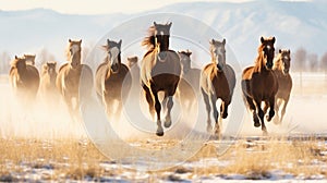 Minimalistic Image of Rodeo Horses Running Through Winter Meadow in Kalispell, Montana AI Generated photo