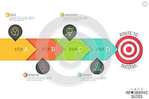 Minimalistic infographic design layout. Horizontal arrow consisted of 4 lettered elements and pointing at target
