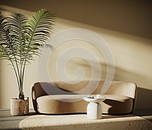 Minimalistic interior. Beige sofa with empty beige wall background with copy space