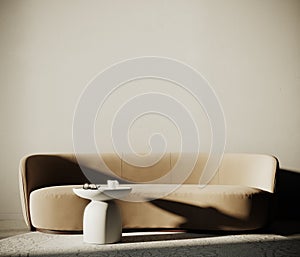 Minimalistic interior. Beige sofa with empty beige wall background with copy space