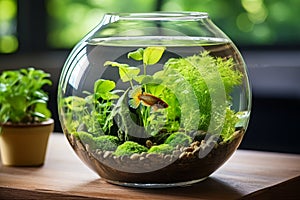 Minimalistic interior design bright living room with planted fish bowl vivarium