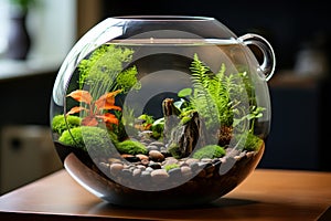 Minimalistic interior design bright living room with planted fish bowl and vivarium