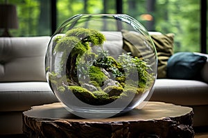 Minimalistic interior design bright living room with planted fish bowl vivarium