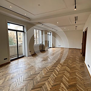 Empty minimal room interior design with fishbone flooring