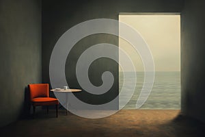 Minimalistic interior design meets serene ocean view, perfect for modern aesthetics