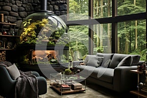 Minimalistic interior design planted fish bowl and vivarium in bright living room