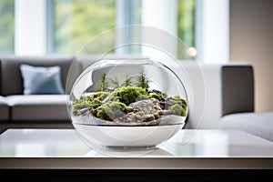 Minimalistic interior design with planted fish bowl and vivarium in bright living room