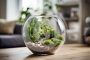 Minimalistic interior design with planted fish bowl vivarium in bright living room