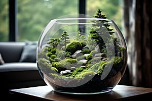 Minimalistic interior design with planted fish bowl vivarium in bright living room