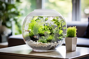 Minimalistic interior design with vivarium and planted fish bowl in bright living room