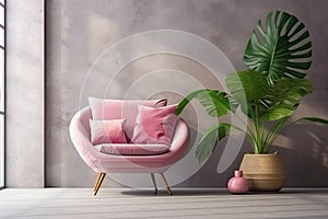 Minimalistic interior of a living room or hallway, a pink soft chair next to a green monstera flower against a background of a