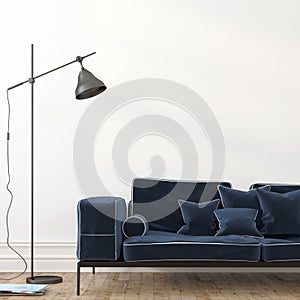 Minimalistic interior with a stylish blue sofa