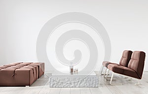 Minimalistic interior with two armchairs, poufs and a table