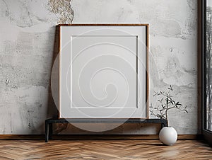 Minimalistic interior with a wooden frame mockup on the shelf and a plant in a vase. 3d rendering