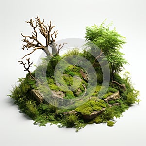 Minimalistic Japanese Island: 3d Render With Moss And Trees