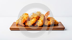 Minimalistic Japanese Style: Fried Battered Shrimp On Wooden Board