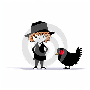 Minimalistic Japanese Style Red And Black Chicken And Boy In Black Hat photo