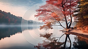 Minimalistic Japanese Sunrise: A Serene Lake With Colorful Foliage