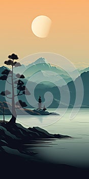 Minimalistic Landscape Illustration: Tranquil Bight Surrounded By Tundras And Trees