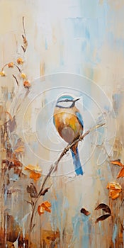 Minimalistic Landscape Painting: Bluetailed Bird On Branch In Beige And Amber