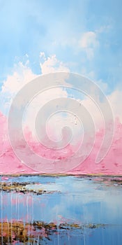 Minimalistic Landscape Painting: Pink Clouds And Blue Waves