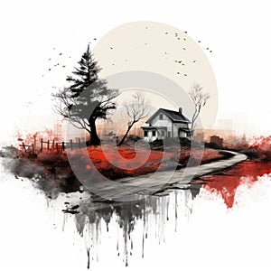 Minimalistic Landscape Painting With Red Splatters