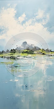Minimalistic Landscape Painting: Water, Mountains, And Islands In The Style Of Mark Lague
