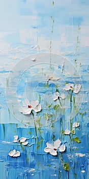 Minimalistic Landscape Painting With White Flowers And Blue Sky