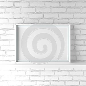 Minimalistic landscape picture frame standing on white painted b