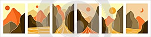 Minimalistic landscapes. Simple mountain, sun and moon. Wall art and posters. Rock peaks panorama. Desert backdrop. Flat