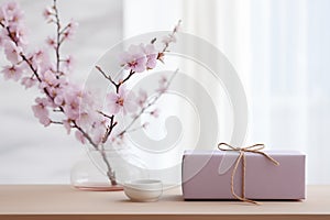 Minimalistic lilac gift packaging and a glass vase with cherry blossom branches. Place for text.
