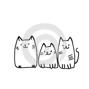 Minimalistic line drawing of adorable cartoon cats and kittens using bold black lines against a white background photo