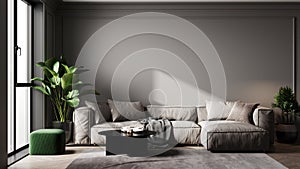 Minimalistic living room interior mock up with gray sofa, plant, coffee table, parquet floor, luxury, scandinavian style interior