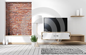 Minimalistic living room interior with a wooden cabinet and a wide screen TV - loft style. 3d rendering
