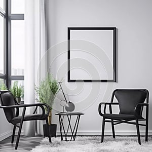 Minimalistic Living Room: White Blank Empty Wall Frame Mockup Enhancing the Interior, Generative AI