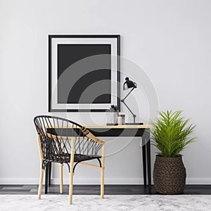 Minimalistic Living Room: White Blank Empty Wall Frame Mockup Enhancing the Interior, Generative AI