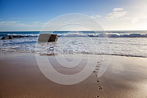 minimalistic marine background, blue ocean, sandy beach, footprints in the sand