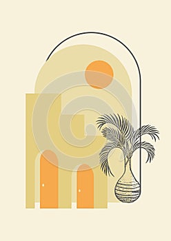 Minimalistic mediterranean architecture poster abstract art. Modern aesthetic illustration.