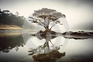 Minimalistic misty autumn landscape with lake and mystical tree. Ai generative