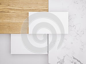 Minimalistic mockup with business cards on wood and warble texture.Creative mockup set.