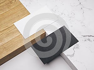 Minimalistic mockup with business cards on wood and warble texture.Creative mockup set.