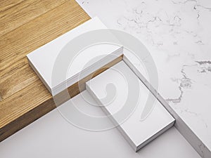 Minimalistic mockup with business cards on wood and warble texture.Creative mockup set.