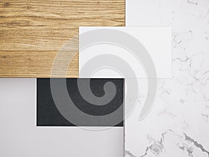 Minimalistic mockup with business cards on wood and warble texture.Creative mockup set.