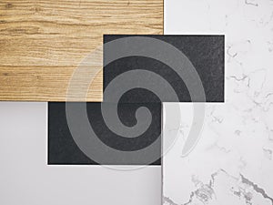 Minimalistic mockup with business cards on wood and warble texture.Creative mockup set.